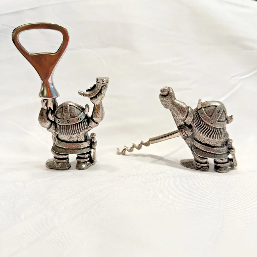 VINTAGE Collectible Tinn-Per Norway Pewter Viking Bottle Opener & Corkscrew SET